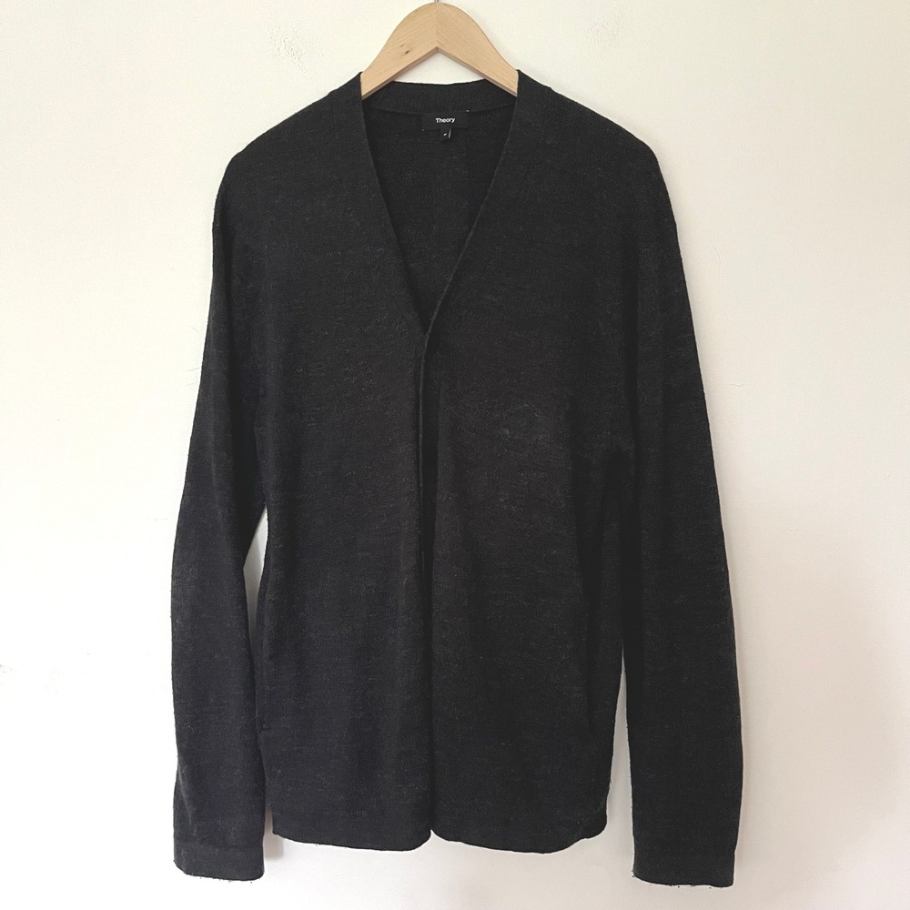 Theory Cannes Cardigan Mens Medium Charcoal Grey Linen Cotton V-Neck M0483706
